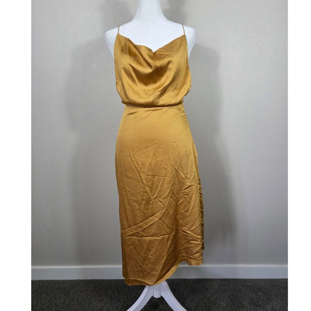 21SIX Couture Luxury Gold Satin Cowl Neck Asymmetrical Midi Slip Dress Small